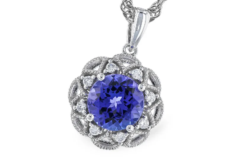 Colorful beaded necklace for women-14K White Gold 1.50ctw Tanzanite & Diamond Lace Halo Necklace by Allison Kaufman