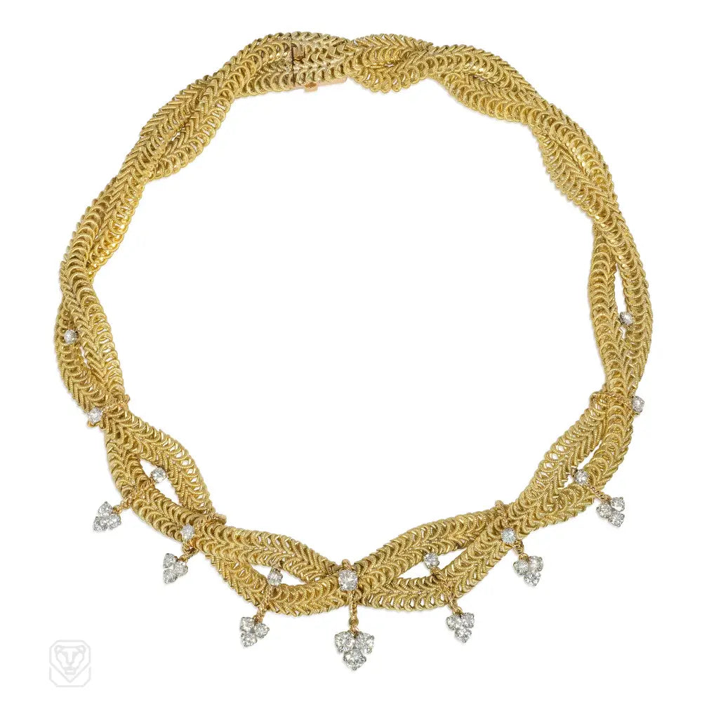 Birthday gift necklace for women-Mid-Century Marchak gold and diamond braided necklace