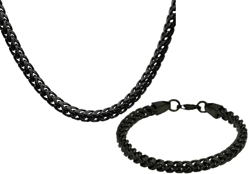 Adjustable silver necklace for women-Mens 8mm Black Plated Stainless Steel Franco Link Chain Set