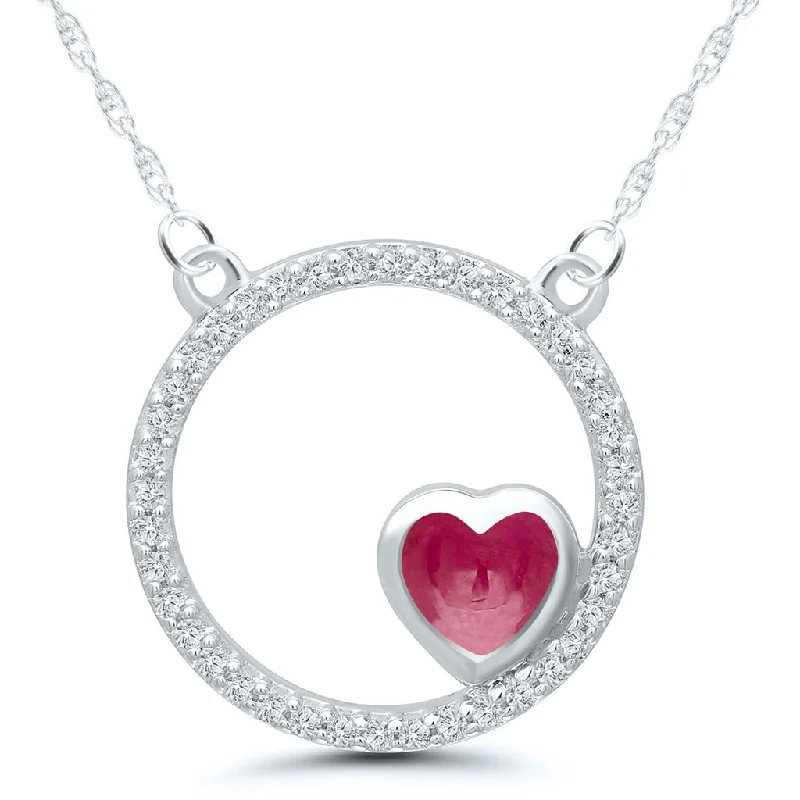 Romantic diamond necklace for women-14K White Gold 0.53ctw Heart Shaped Ruby & Diamond Circle Necklace