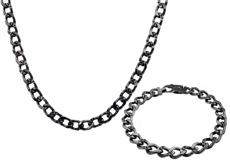 Long pendant necklace for women-Mens Gunmetal Stainless Steel Curb Link Chain Set With Cubic Zirconia