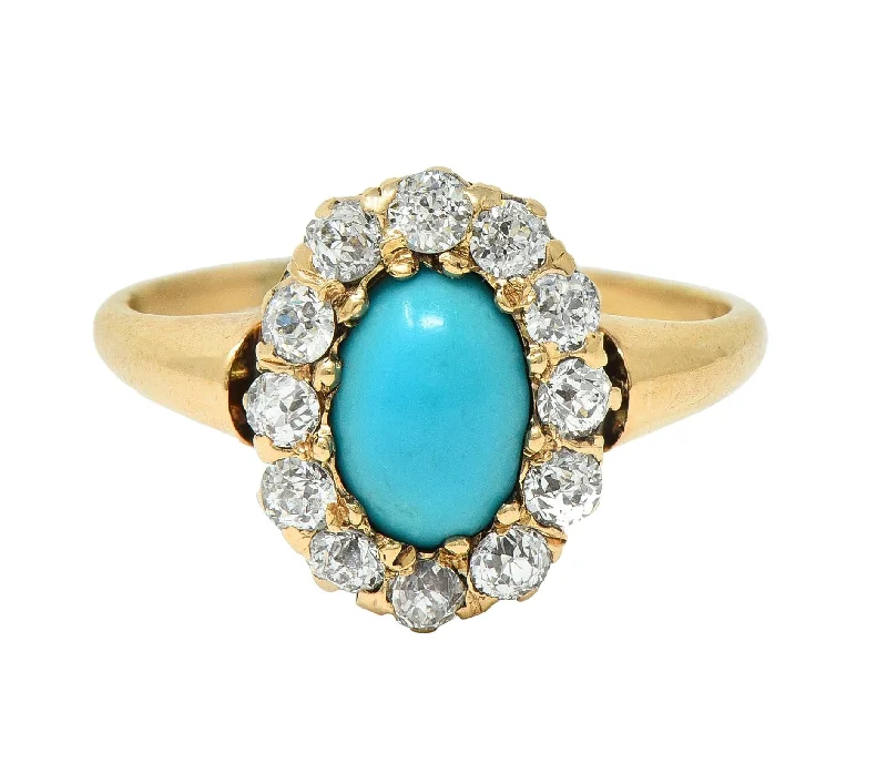 Simple diamond ring for women-Victorian Turquoise Diamond 14 Karat Yellow Gold Antique Halo Ring