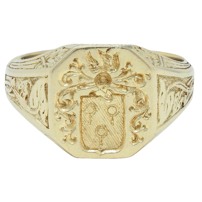 Big diamond ring for women-Art Deco French 1927 18 Karat Yellow Gold Unsiex Heraldry Signet Ring