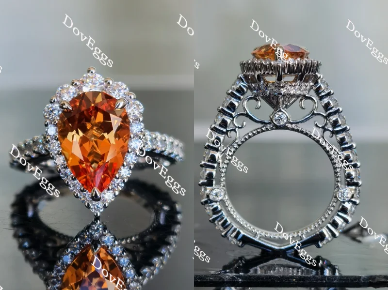 Adjustable gemstone ring for women-Doveggs pear floral halo orange sapphire colored gem ring