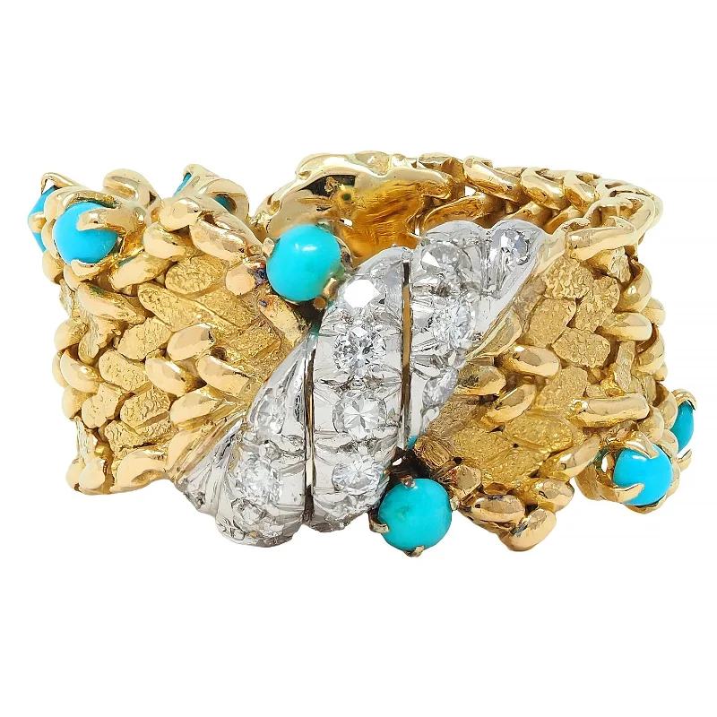 Antique ring for women-1960's Diamond Turquoise 18K Gold Platinum Vintage Woven Band Ring