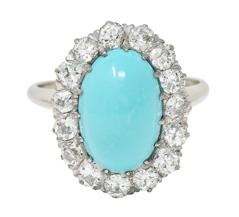 Modern ring for women-Art Deco 1.20 CTW Turquoise Cabochon Old European Cut Diamond 14 Karat White Gold Halo Ring