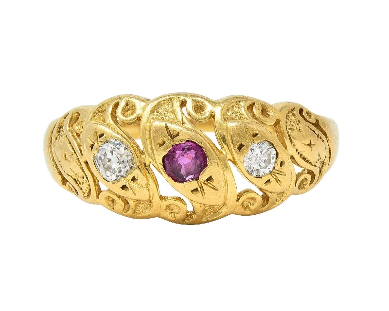 Plain band ring for women-Vintage Ruby Diamond 14 Karat Yellow Gold Triple Snake Band Ring