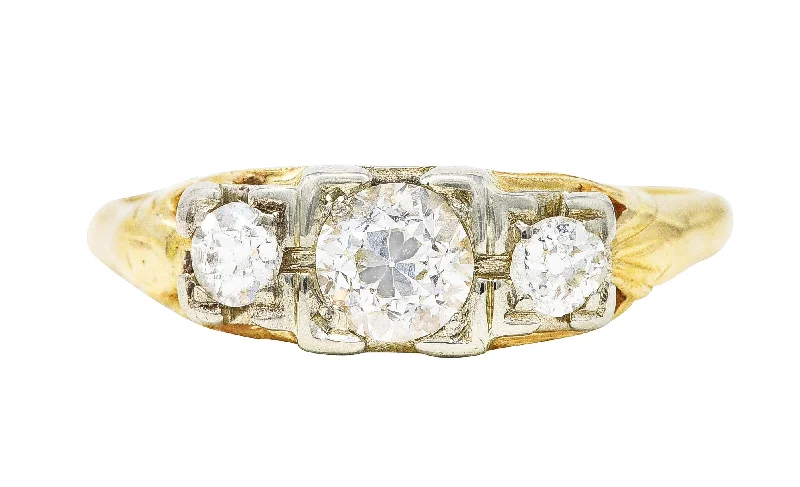 Rose gold ring for women-1920's Art Deco 0.60 CTW Diamond 14 Karat Two-Tone Three Stone Ring