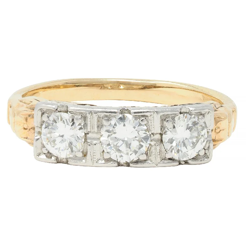 Modern ring for women-Art Deco 0.60 CTW Diamond Platinum 14 Karat Gold Three Stone Antique Band Ring