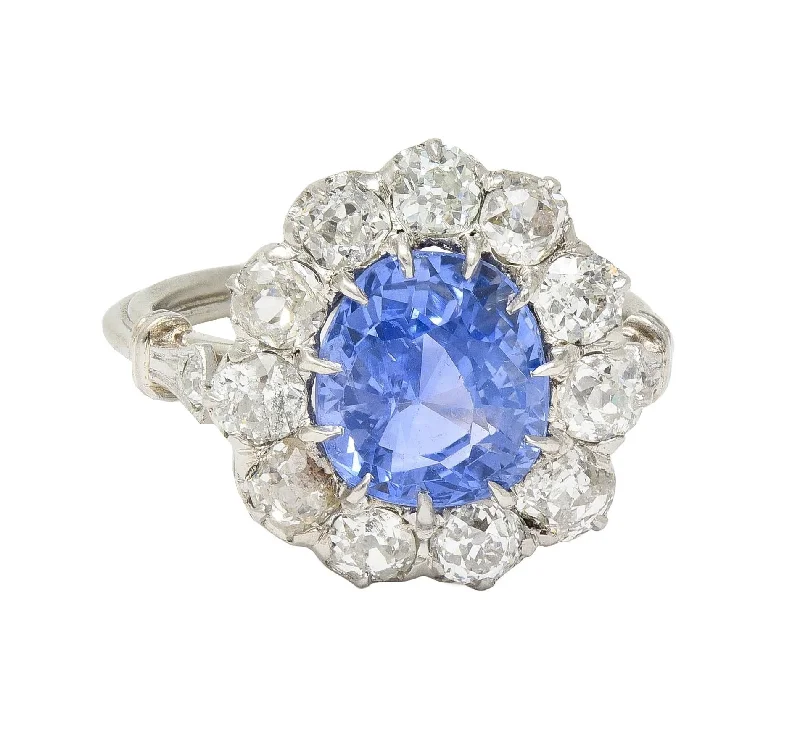 Sapphire ring for women-Art Deco 4.14 CTW No Heat Ceylon Sapphire Diamond Platinum Vintage Pear Halo Ring GIA