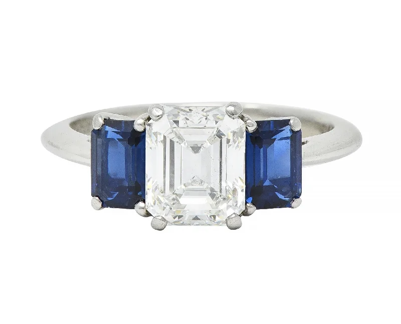 Birthstone ring for women-Tiffany & Co. 2.71 CTW Emerald Cut Diamond Sapphire Three Stone Platinum Ring GIA