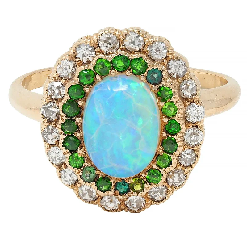 Pear-shaped ring for women-Edwardian Diamond Demantoid Garnet Opal 14 Karat Yellow Gold Antique Halo Ring