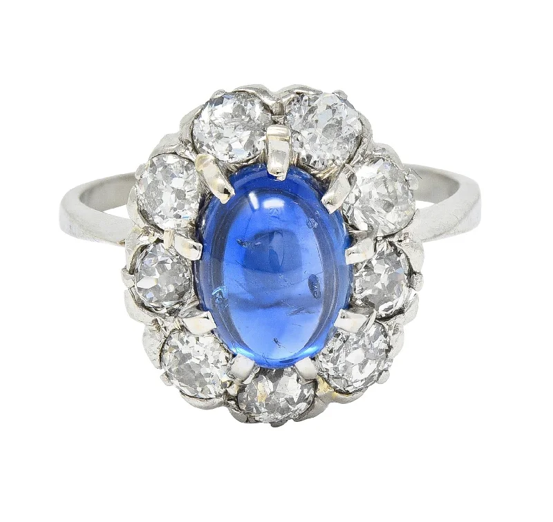 Personalized ring for women-Art Deco 3.52 CTW Sapphire Cabochon Diamond 18 Karat White Gold Halo Ring