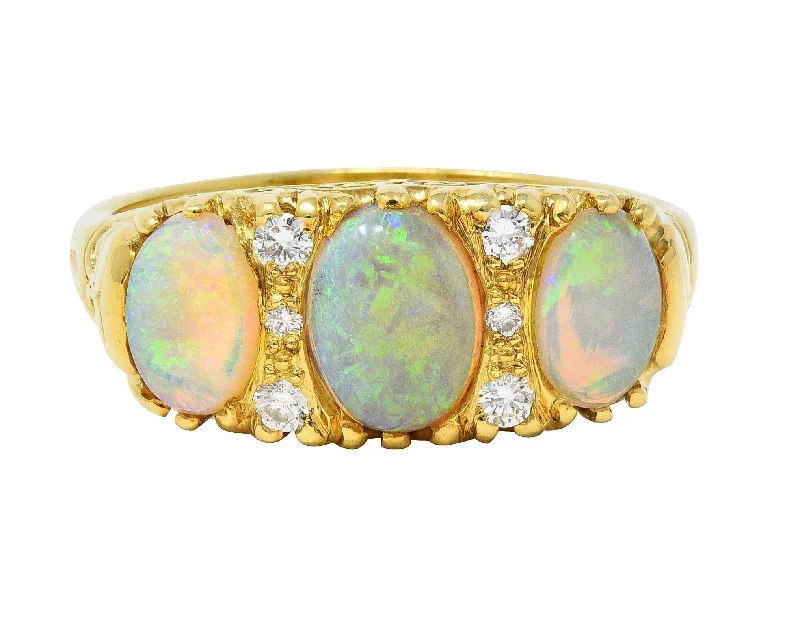 Chunky ring for women-Vintage 1998 Opal Diamond 18 Karat Gold Scrolling Three Stone Ring