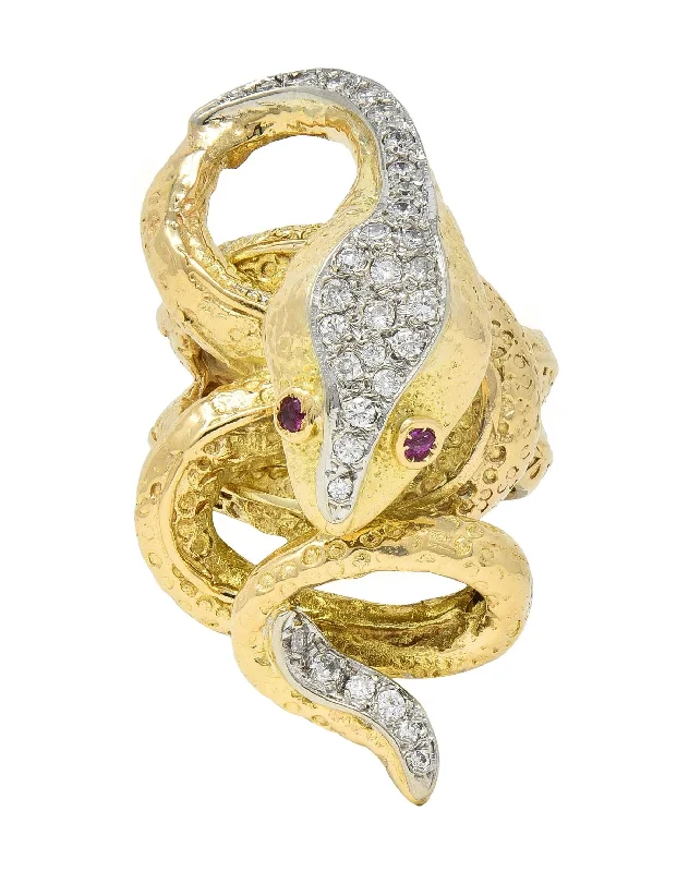 Wedding engagement ring for women-1970's 1.00 CTW Diamond Ruby 14 Karat Two-Tone Gold Vintage Unisex Snake Ring