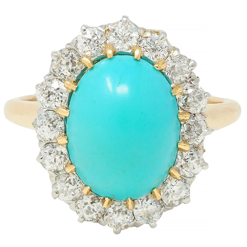 Diamond cluster ring for women-Edwardian Turquoise Old European Diamond Platinum 14 Karat Yellow Gold Antique Halo Ring