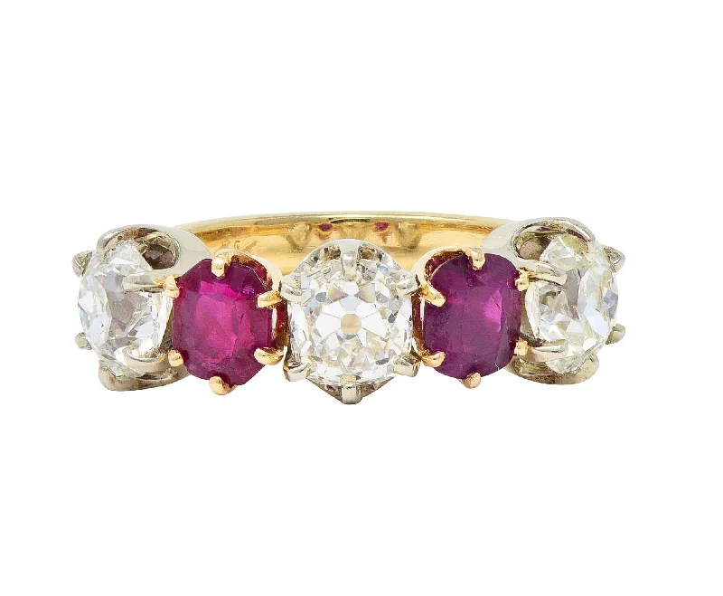 Birthstone ring for women-Victorian 3.62 CTW Ruby Old Mine Cut Diamond 14 Karat Two-Tone Gold Band Ring