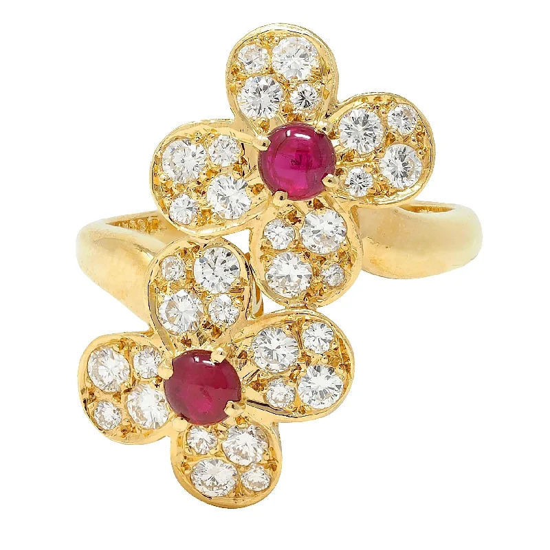 Vintage-inspired ring for women-Van Cleef & Arpels French Ruby Diamond 18 Karat Yellow Gold Trefle Bypass Ring