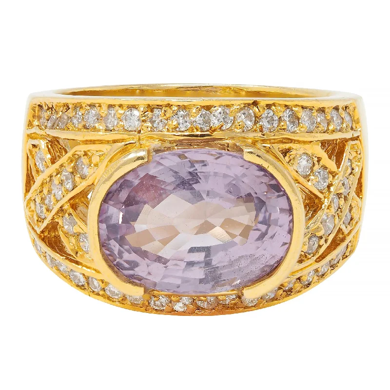 Solitaire ring for women-Vintage 5.55 CTW Purple Pink Spinel Diamond 18 Karat Yellow Gold Wide Band Ring