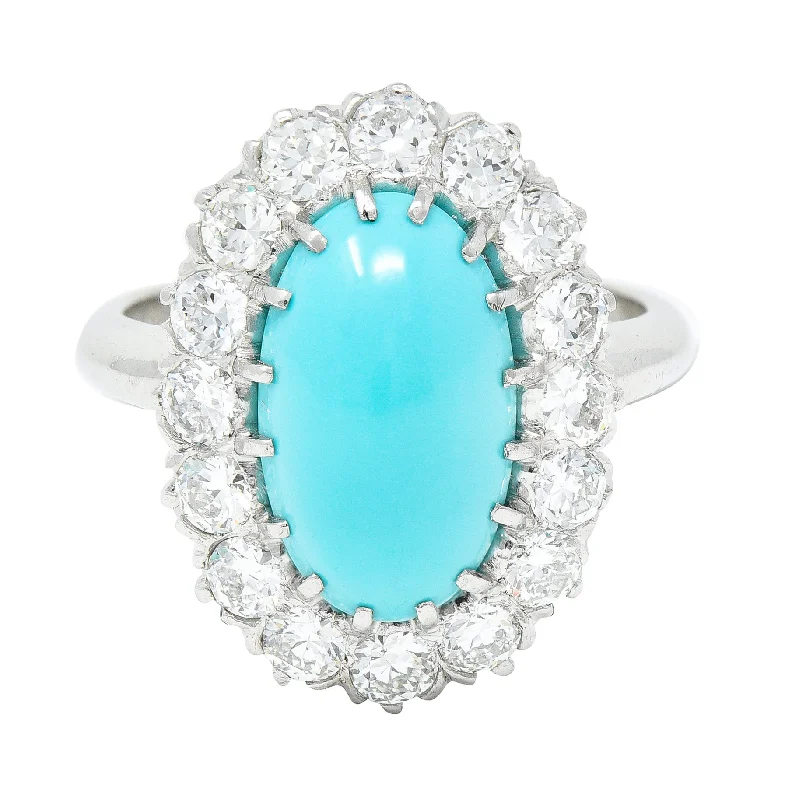 Simple silver ring for women-Art Deco 1.12 CTW Turquoise Cabochon Transitional Cut Diamond Platinum Vintage Halo Ring