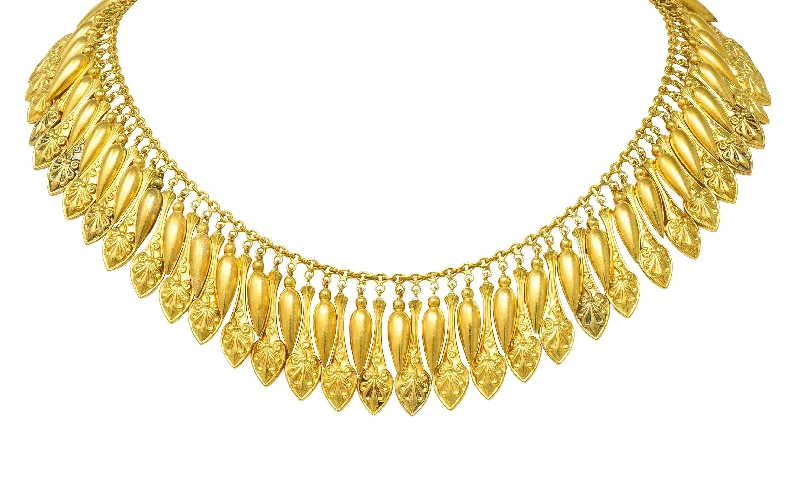 Vintage ring for women-Victorian Etruscan Revival 18 Karat Yellow Gold Antique Fringe Drop Necklace