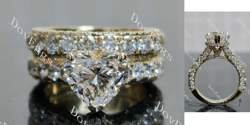 Double band ring for women-Doveggs heart pave vintage moissanite bridal set (2 rings)