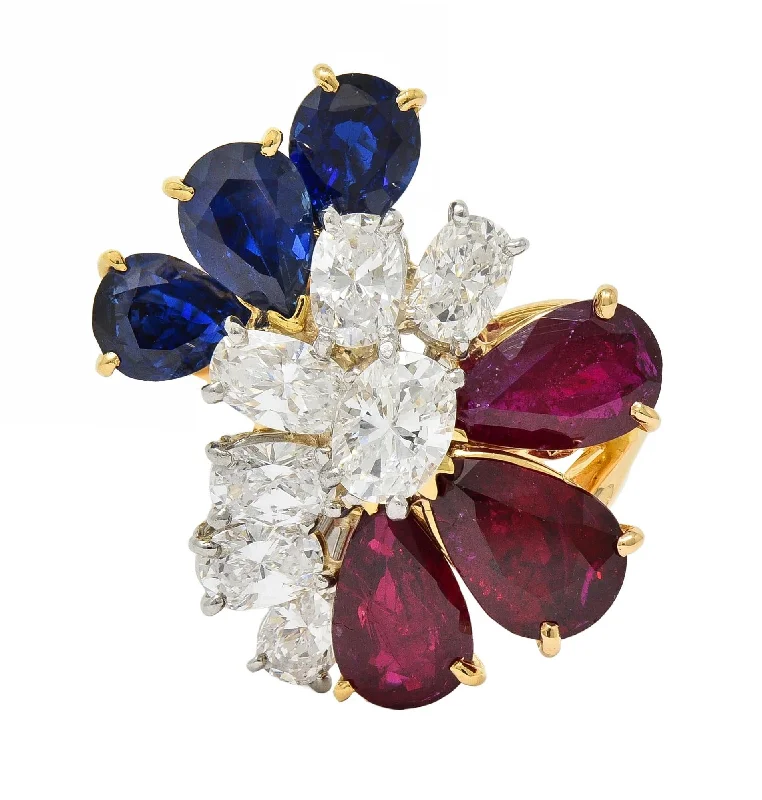 Chunky statement ring for women-Oscar Heyman Diamond Ruby Sapphire Platinum 18 Karat Gold Cluster Ring AGL