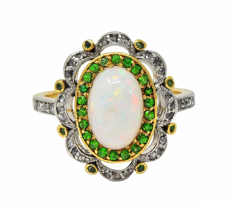 Vintage ring for women-Edwardian Opal Diamond Demantoid Garnet Platinum 18 Karat Gold Antique Cluster Ring