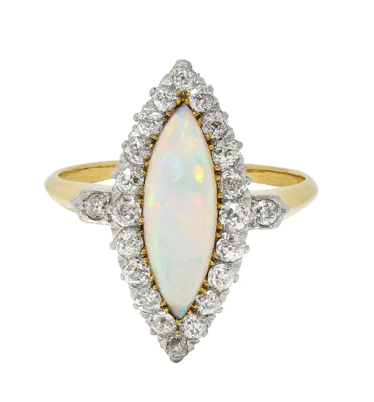 Classic wedding ring for women-Edwardian Opal Diamond Platinum 18 Karat Yellow Gold Antique Navette Ring