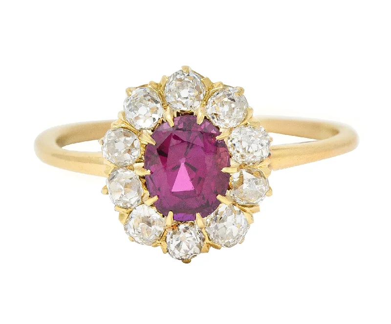 Silver-plated ring for women-Victorian 1.82 CTW Oval Cut Ruby Old Mine Cut Diamond 14 Karat Yellow Gold Antique Cluster Ring