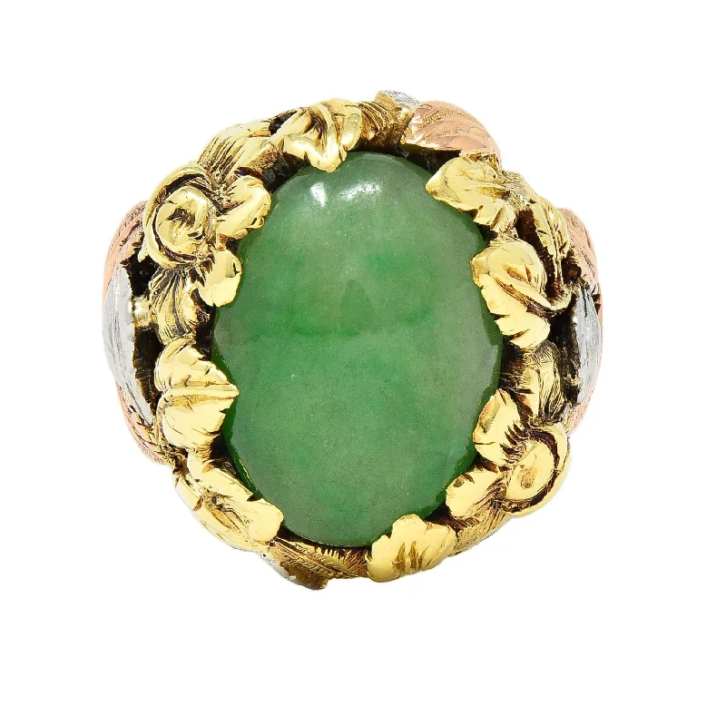 Retro ring for women-Arts & Crafts Jade Platinum 18 Karat Two-Tone Gold Antique Rose Floral Flower Signet Ring GIA