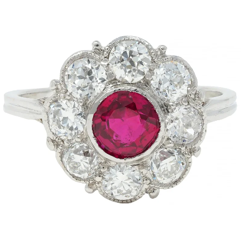 Gold-plated ring for women-Art Deco 2.06 CTW No Heat Burma Ruby Diamond Platinum Vintage Halo Ring GIA