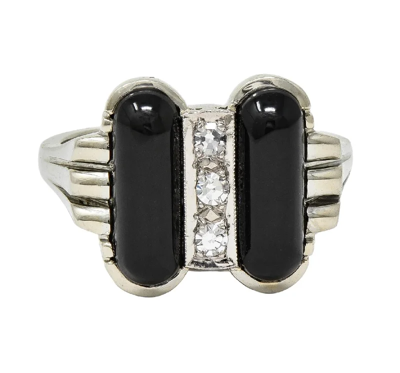 Gold-plated ring for women-Helm & Hahn Co. Mid-Century Diamond Onyx 18 Karat White Gold Vintage Ring