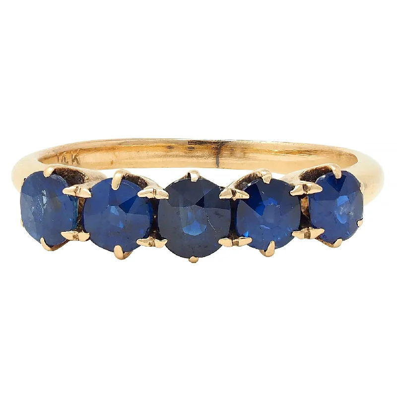 Big diamond ring for women-Vintage 1.88 CTW Sapphire 14 Karat Yellow Gold Five Stone Band Ring