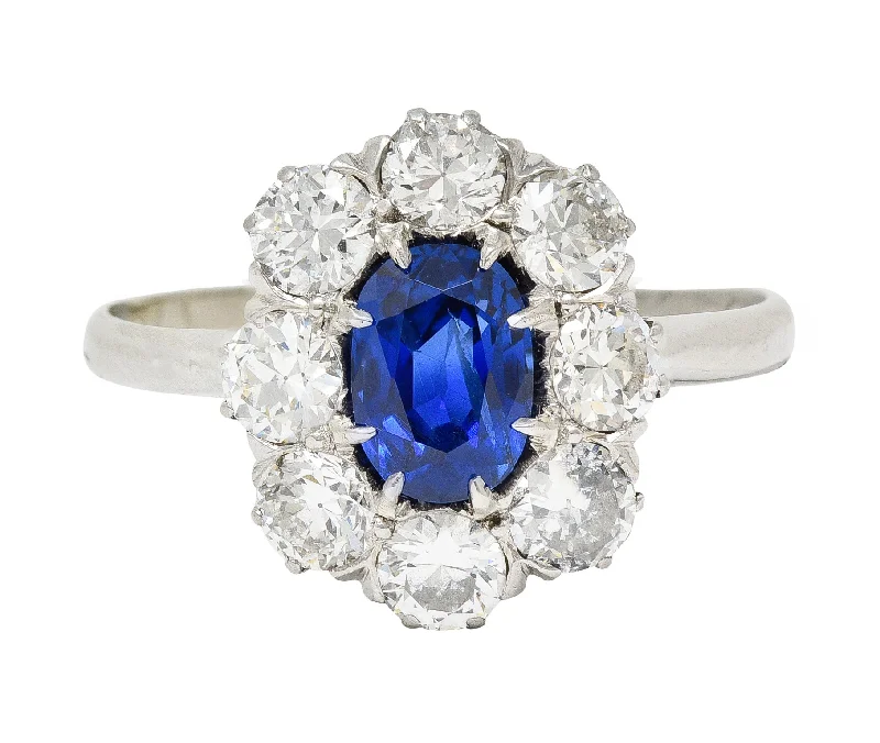 Round ring for women-Edwardian 2.48 CTW No Heat Burma Sapphire Old European Cut Diamond Platinum Antique Halo Ring GIA