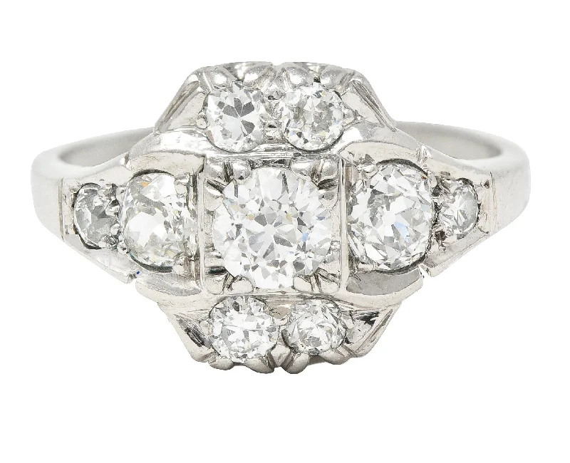 Thin band ring for women-Mid-Century 1.11 CTW Old European Cut Diamond Platinum Quatrefoil Vintage Cluster Dinner Ring