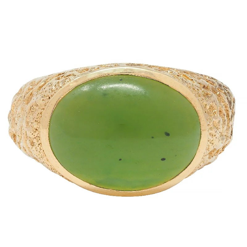 Bold fashion ring for women-Brutalist Jade Cabochon 10 Karat Yellow Gold Vintage Signet Ring