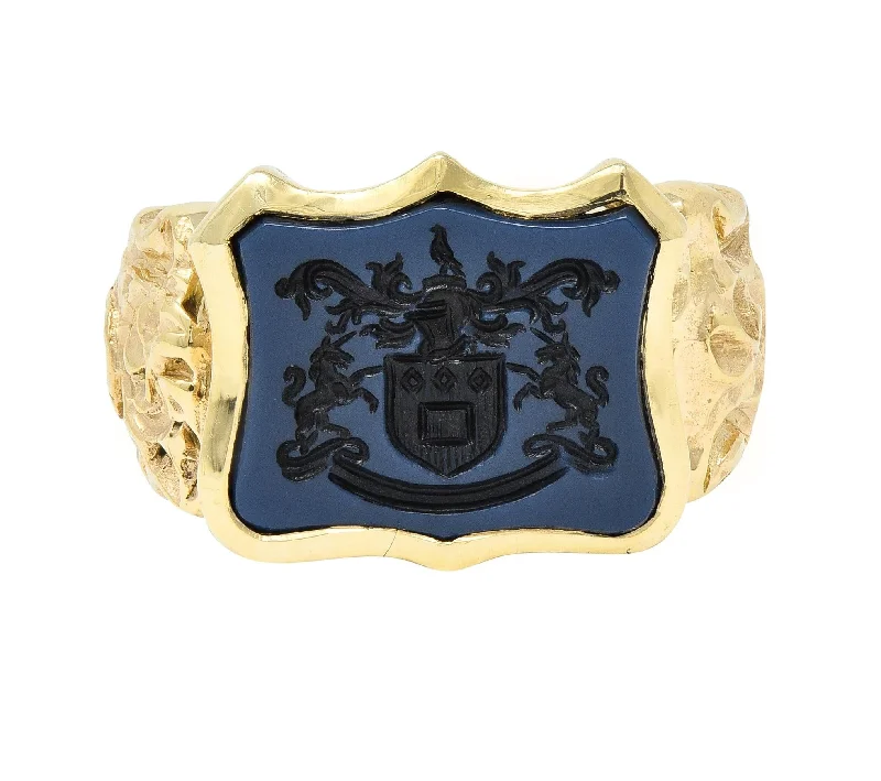 Diamond cluster ring for women-Vintage Carved Agate 14 Karat Yellow Gold Crest Unisex Signet Ring