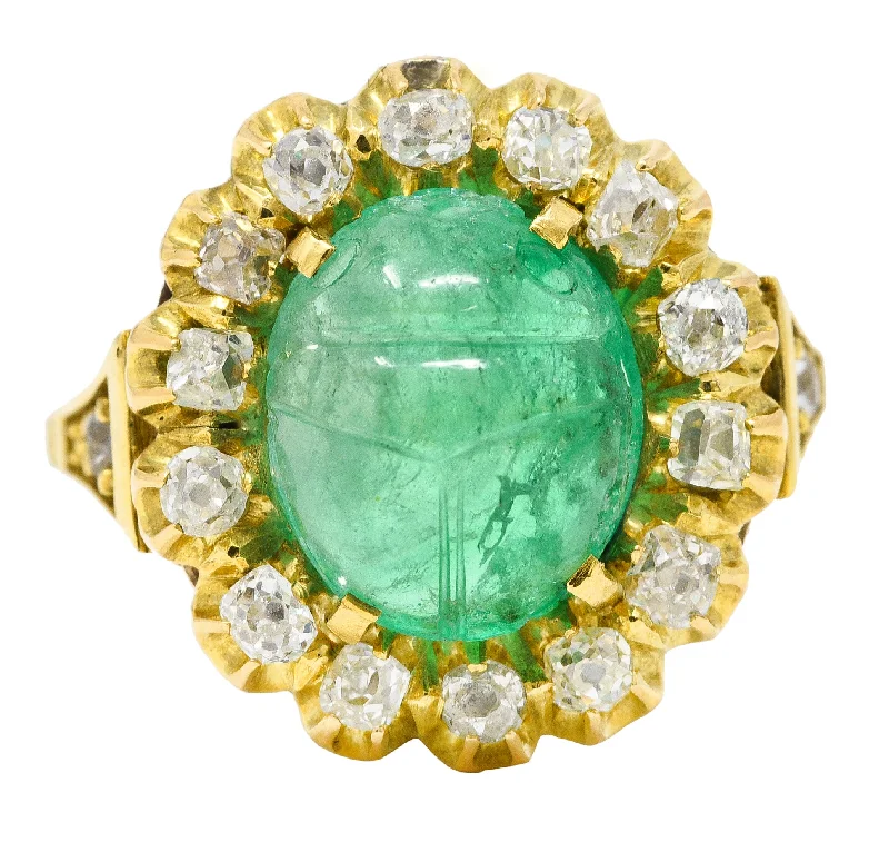 Personalized ring for women-Vintage Egyptian Revival 7.80 CTW Carved Emerald Diamond 18 Karat Yellow Gold Cluster Gemstone Scarab Ring