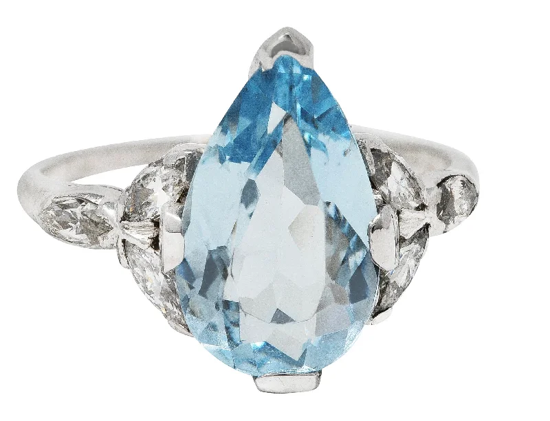 Pear-shaped ring for women-1950's Mid-Century 2.00 CTW Aquamarine Diamond Platinum Vintage Gemstone Ring