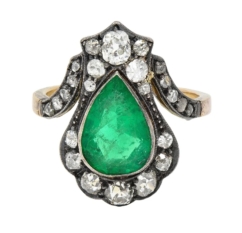 Wedding ring for women-Victorian 2.96 CTW Emerald Diamond 14 Karat Gold Silver-Topped Antique Cluster Ring