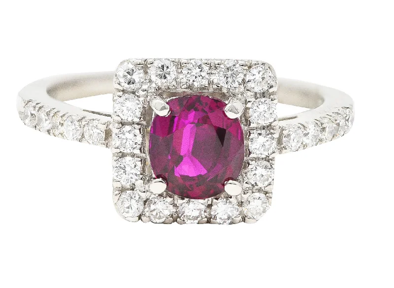 Gold gemstone ring for women-Contemporary 1.47 CTW Cushion Cut Ruby Diamond Platinum Square Halo Ring