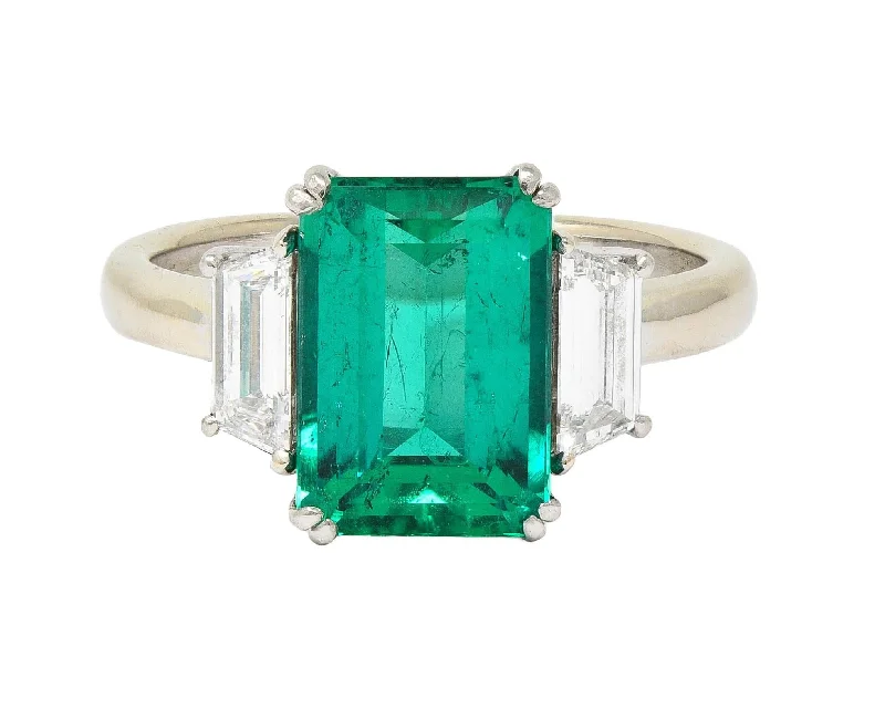 Pear-shaped ring for women-1980's 3.51 CTW Colombian Emerald Diamond Platinum 18 Karat White Gold Vintage Three Stone Ring AGL