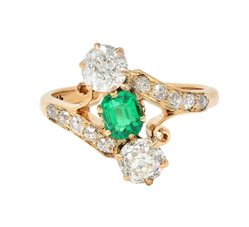 Gold gemstone ring for women-Victorian 1.66 CTW Emerald Diamond 14 Karat Yellow Gold Antique Bypass Ring