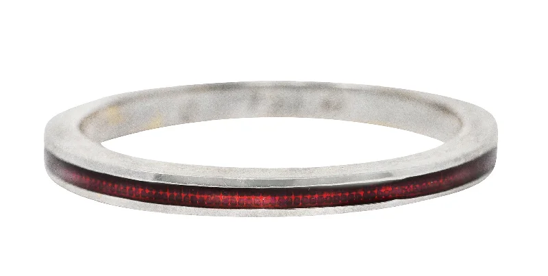 Big ring for women-Hidalgo Vintage Guilloche Red Enamel 18 Karat White Gold Eternity Band Stack Ring