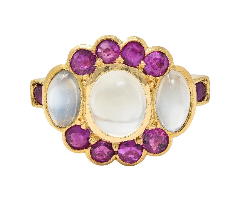 Geometric ring for women-Retro 1.04 CTW Ruby Moonstone 18 Karat Yellow Gold Vintage Cluster Ring