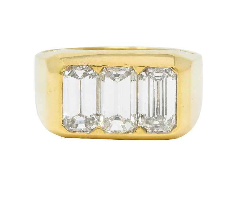 Antique ring for women-3.48 CTW Flush Emerald Cut Diamond 18 Karat Yellow Gold Vintage Three Stone Unisex Ring