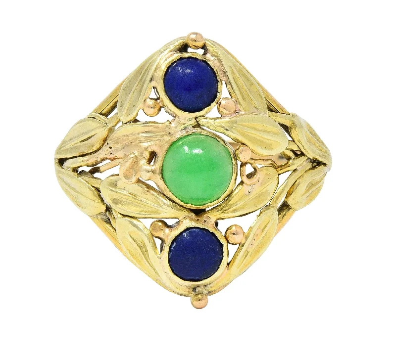 Solitaire diamond ring for women-Arts & Crafts Jade Lapis Lazuli 14 Karat Two-Tone Gold Foliate Navette Antique Ring