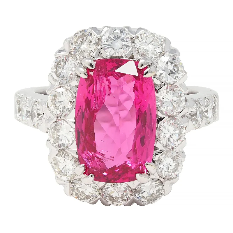 Statement ring for women-Contemporary 6.67 CTW No Heat Pink Spinel Diamond 18 Karat White Gold Halo Ring GIA