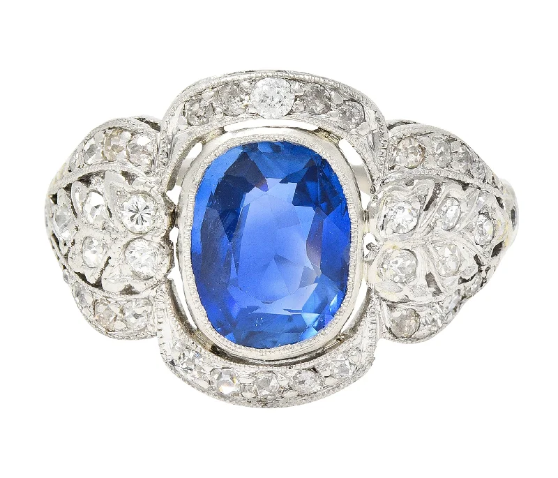 Stackable gold ring for women-Edwardian 2.56 CTW Cushion Cut No Heat Burma Sapphire Diamond Platinum Foliate Antique Dinner Ring AGL